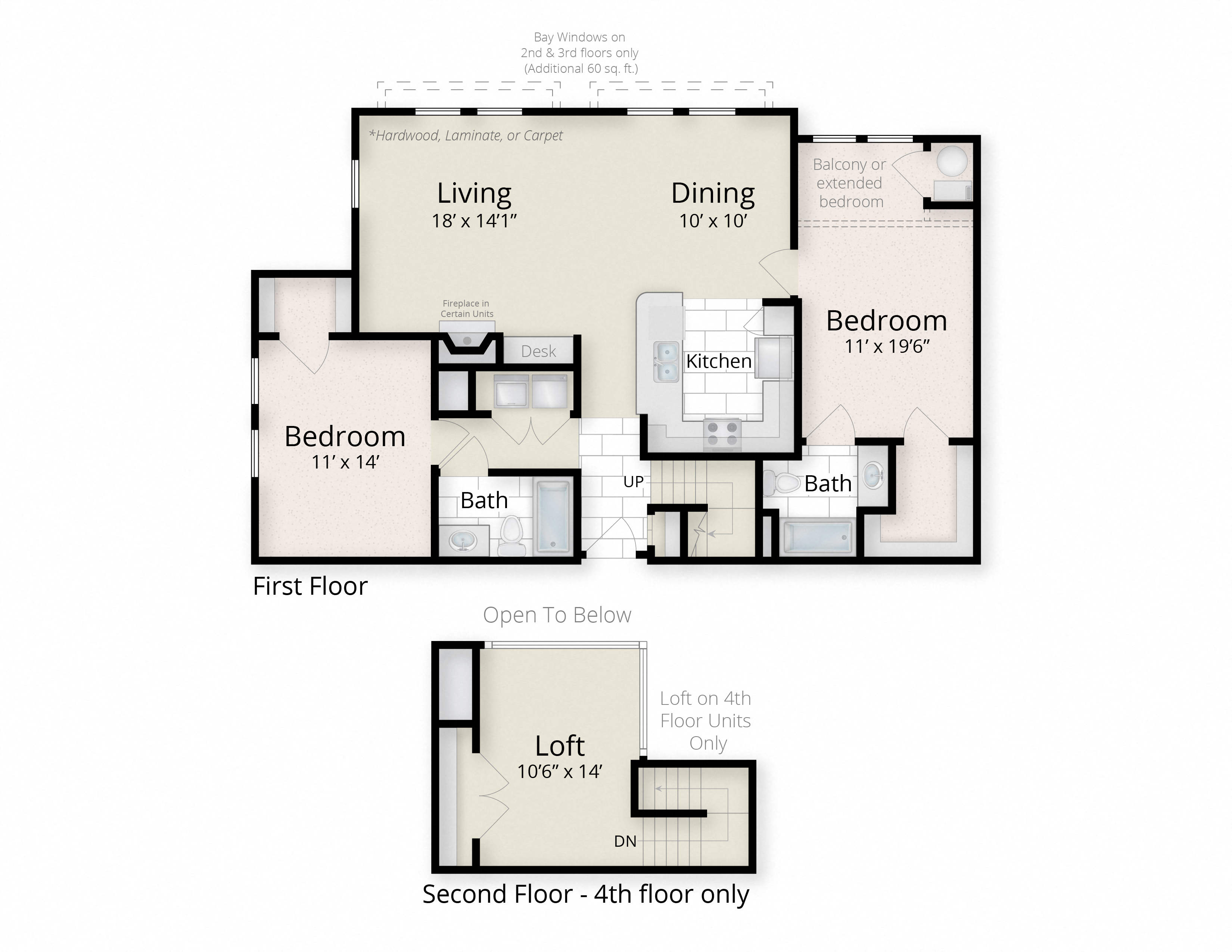 Floor plan for 2 beds, 2 baths, 1292 sqft